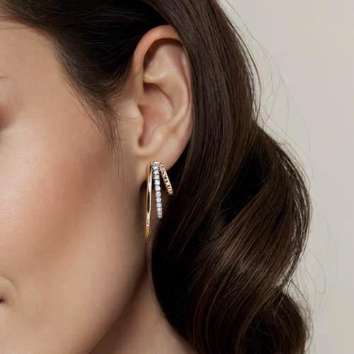14K White & Yellow Gold Diamond Three Row J Hoop Stud Earrings
