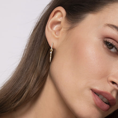 14K Yellow Gold 10mm Diamond Huggie Earrings with Spike Drops