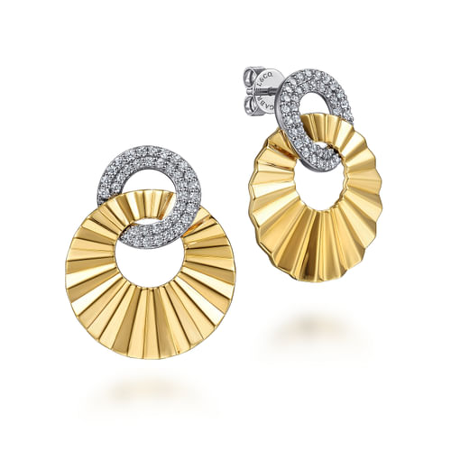 14K White and Yellow Gold Double Round Disk Earrings Stud With Diamond Cut Texture