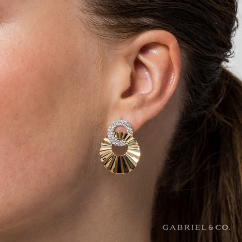 14K White and Yellow Gold Double Round Disk Earrings Stud With Diamond Cut Texture