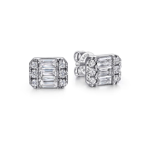 14K White Gold Baguette and Round Rectangular Diamond Earrings