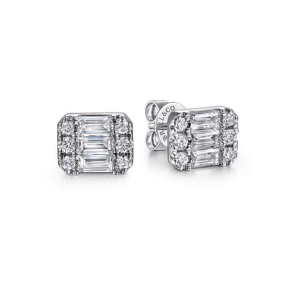 14K White Gold Baguette and Round Rectangular Diamond Earrings