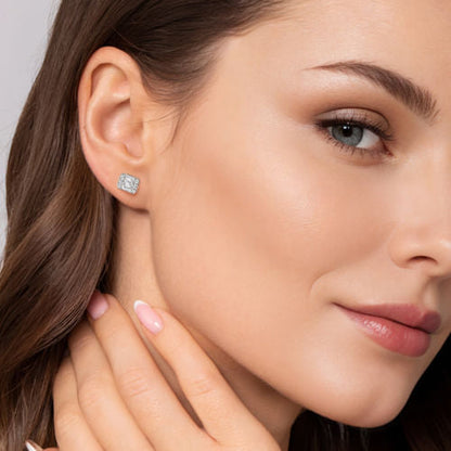 14K White Gold Baguette and Round Rectangular Diamond Earrings