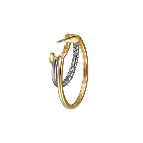 14K White & Yellow Gold Diamond Three Row J Hoop Stud Earrings