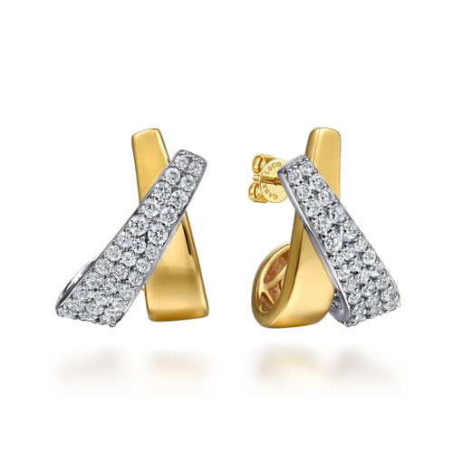 14K White & Yellow Gold Multi Row Graduating Diamond J Hoop Stud Earrings