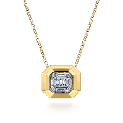 14K Yellow Gold Geometric Baguette and Round Diamond Pendant Necklace