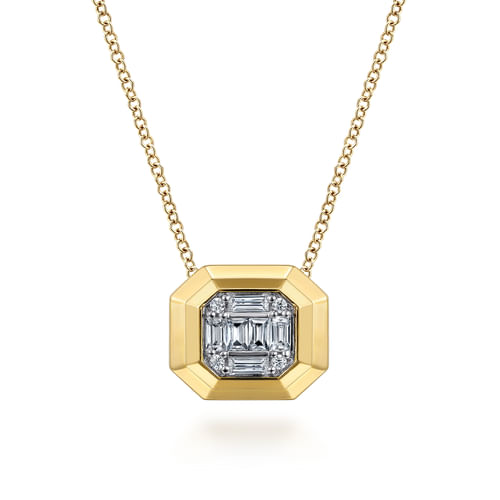 14K Yellow Gold Geometric Baguette and Round Diamond Pendant Necklace