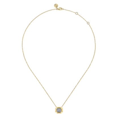 14K Yellow Gold Geometric Baguette and Round Diamond Pendant Necklace