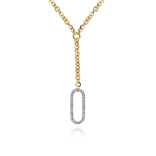 14K White & Yellow Gold Hollow Tube Link Diamond Y Necklace