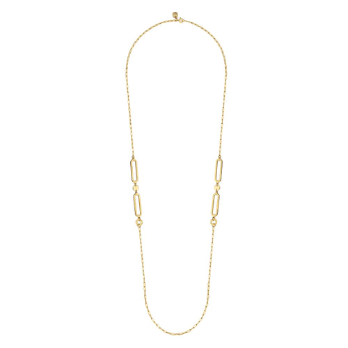 14K Yellow Gold Link Station Necklace With Hollow Paperclip Chain