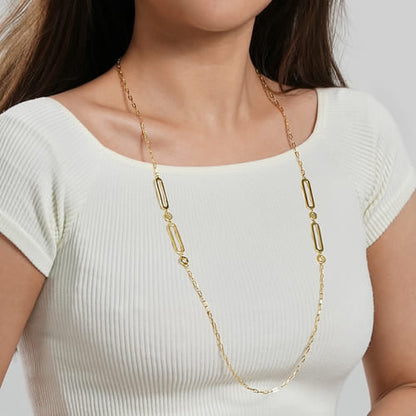 14K Yellow Gold Link Station Necklace With Hollow Paperclip Chain