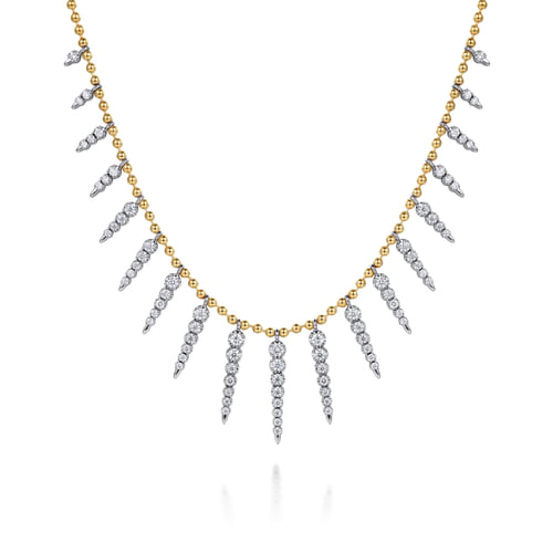14K White & Yellow Gold Bead Chain Bujukan and Diamond Spike Droplet Necklace