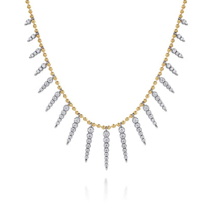 14K White & Yellow Gold Bead Chain Bujukan and Diamond Spike Droplet Necklace
